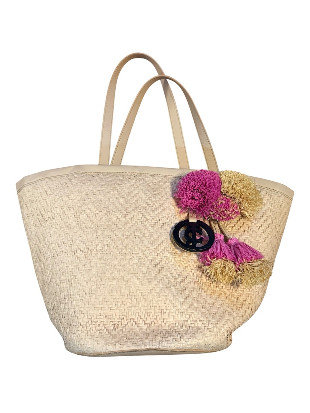 Juicy couture Neutral Straw Tote with Pink & Gold Pom-Pom Charm